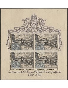 Vaticano 1952 - Centenario del francobollo, il foglietto. Cert.: Italia Colleziona. Cat. € 325 (**)