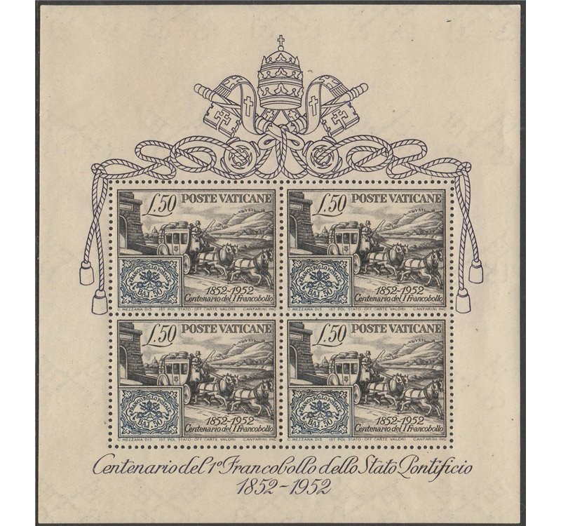 Vaticano 1952 - Centenario del francobollo, il foglietto. Cert.: Italia Colleziona. Cat. € 325 (**)