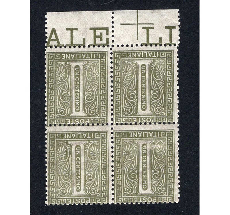 ITALIA REGNO 1863 Cifra 1 c. verde oliva in quartina n° T14. Cat. € 50+ (**)
