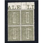 ITALIA REGNO 1863 Cifra 1 c. verde oliva in quartina n° T14. Cat. € 50+ (**)