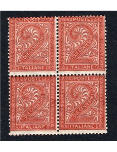 ITALIA REGNO 1863 Cifra 2 rosso mattone in quartina n° T15. Cat. € 80+ (**)