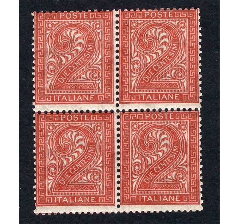ITALIA REGNO 1863 Cifra 2 rosso mattone in quartina n° T15. Cat. € 80+ (**)