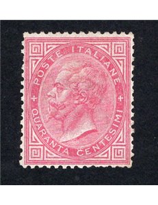ITALIA REGNO 1863 Vitt. Emanuele 40 c. rosa carminio n° T20 discreta centratura. Cert.: Biondi. Cat. € 15.000 (*)