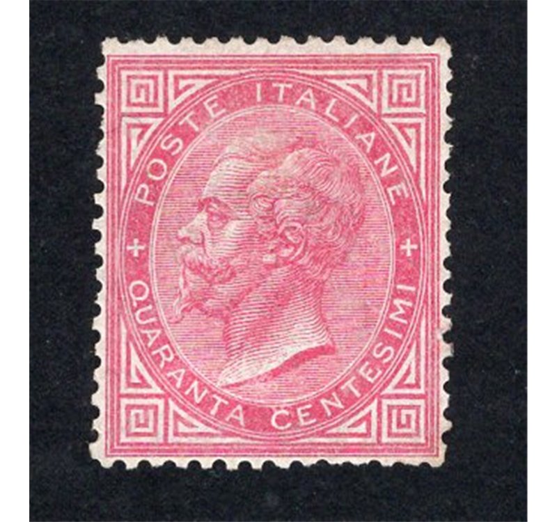 ITALIA REGNO 1863 Vitt. Emanuele 40 c. rosa carminio n° T20 discreta centratura. Cert.: Biondi. Cat. € 15.000 (*)