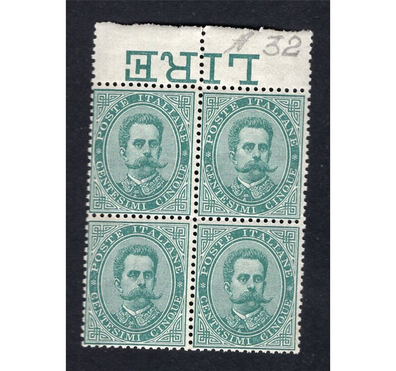 ITALIA REGNO 1879 Umberto I 5 c. verde quartina n° 37. Cat. € 60+ (**)