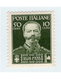 ITALIA REGNO 1928 50° Anniversario Morte Vitt. Emanuele II 50 c. verde oliva n° 239. Cat. € 25 (**)