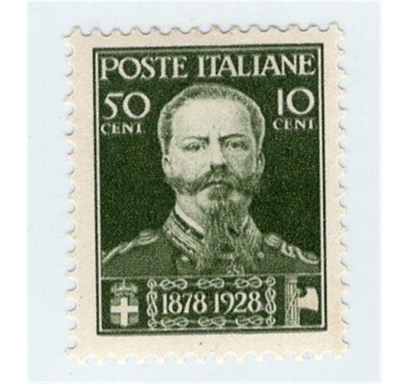 ITALIA REGNO 1928 50° Anniversario Morte Vitt. Emanuele II 50 c. verde oliva n° 239. Cat. € 25 (**)