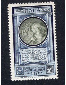 ITALIA REGNO 1932 Posta aerea Dante Alighieri 100 £ azzurro e oliva n° 41. Cat. € 165 (**)