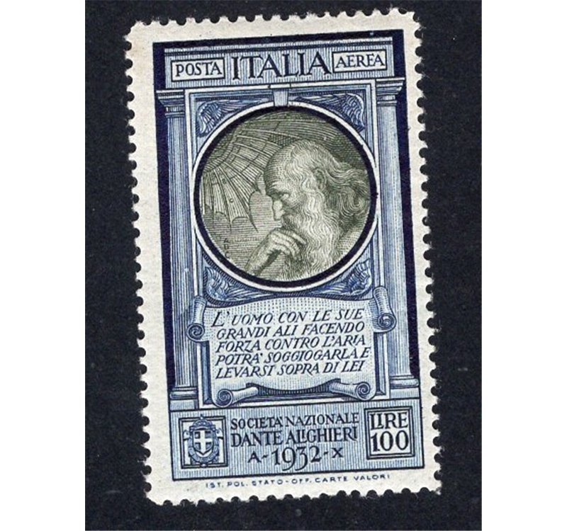 ITALIA REGNO 1932 Posta aerea Dante Alighieri 100 £ azzurro e oliva n° 41. Cat. € 165 (**)