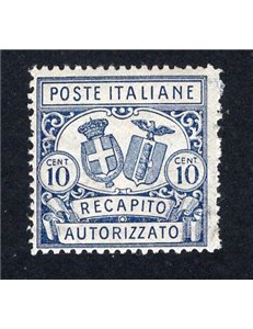 ITALIA REGNO 1928 Recapito autorizzato 10 c. azzurro dent. 14 n° 2 ottima cetratura. Cat. € 125 (**)