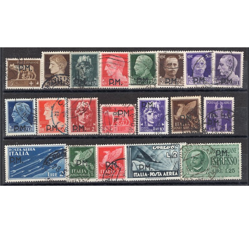 ITALIA REGNO 1942 Posta militare sovr. PM serie n° 1/20 annulli di posta militare. Firm.: Chia. Cat. € 400 (U)