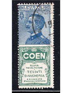 ITALIA REGNO 1922/24 Pubblicitari Abrador 25 c. azzurro n° 4. Cat. € 275 (U)