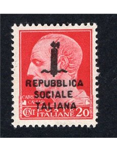 RSI 1944 Imperiale 20 c. carminio soprast. di tipo "k" in nero capovolta, n° 495/Aa. Cat. € 1.250 (**)