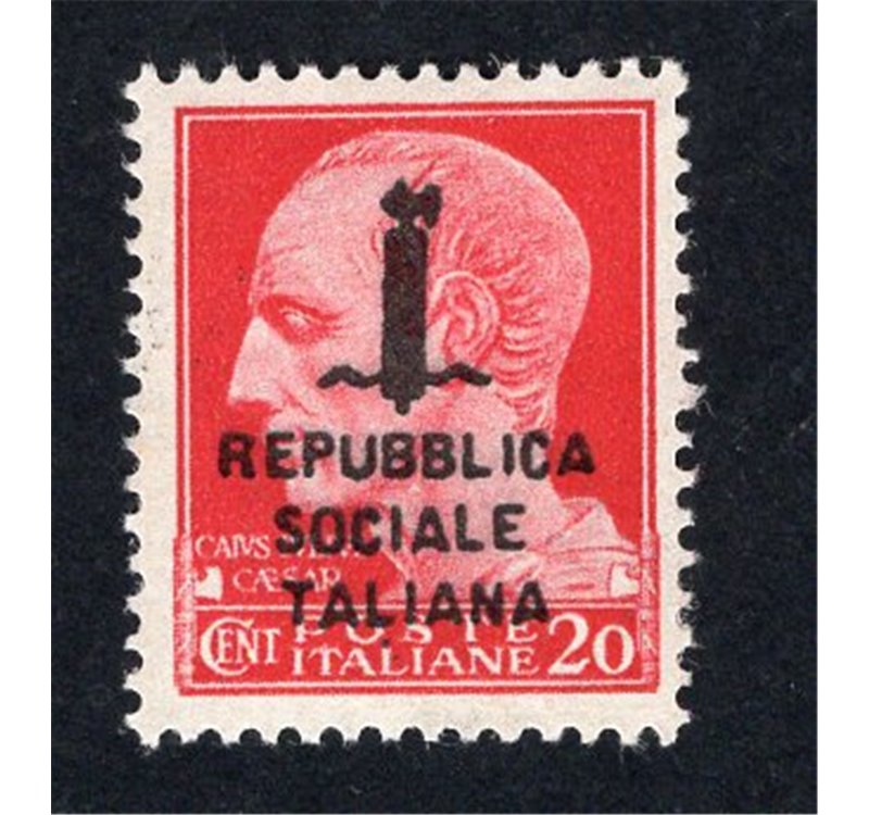 RSI 1944 Imperiale 20 c. carminio soprast. di tipo "k" in nero capovolta, n° 495/Aa. Cat. € 1.250 (**)