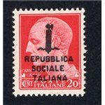 RSI 1944 Imperiale 20 c. carminio soprast. di tipo "k" in nero capovolta, n° 495/Aa. Cat. € 1.250 (**)