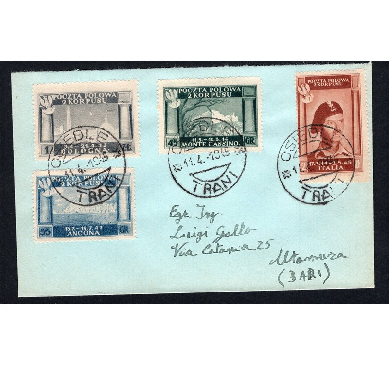 Corpo Polacco 11/4/1946 Vittorie polacche n° 1/4 su lettera. Cat. € 125 (Fr)