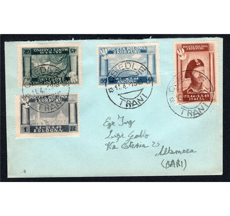Corpo Polacco 11/4/1946 Vittorie polacche n° 1/4 su lettera. Cat. € 125 (Fr)