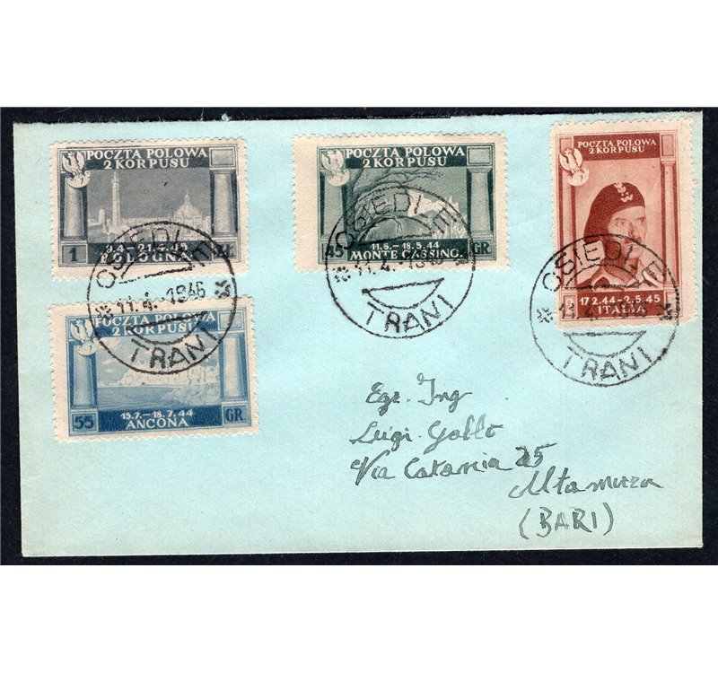 Corpo Polacco 11/4/1946 Vittorie polacche n° 1/4 su lettera. Cat. € 125 (Fr)