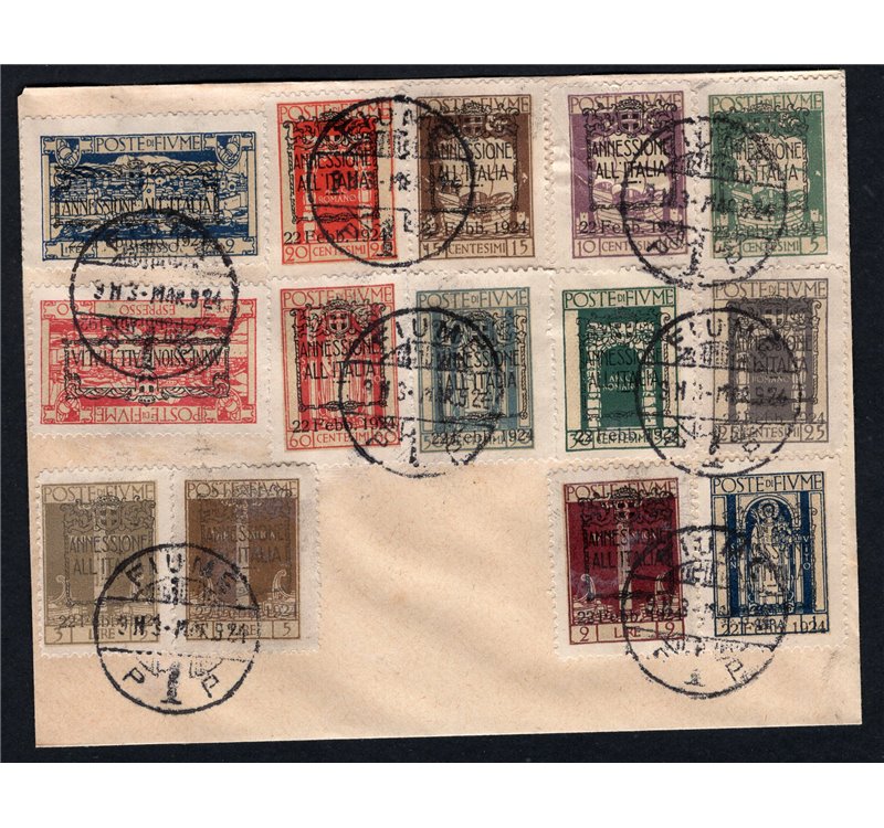 Terre Redente Fiume 1924 S. Vito e soggetti vari soprast. su lettera serie n° 202/13 + Ex 9/10. Cat. € 775 (U)
