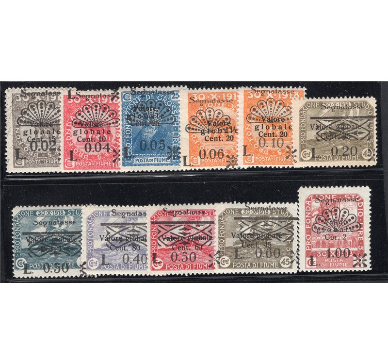 Terre Redente Fiume 1918/19 Segnatasse soprast. a macchina ed a mano serie n° 4/12. Cat. € 488 (*)