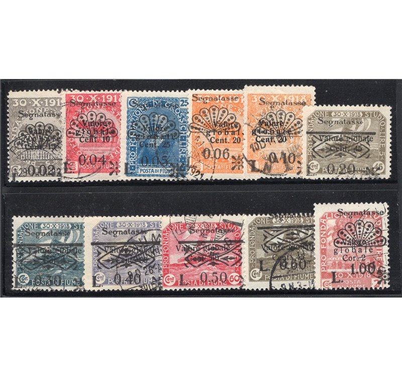 Terre Redente Fiume 1918/19 Segnatasse soprast. a macchina ed a mano serie n° 4/12. Cat. € 342 (U)