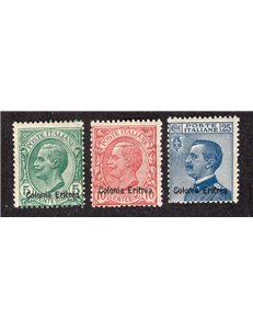 Eritrea 1908/9 Soprast. serie n° 31/33. Cat. € 30 (**)