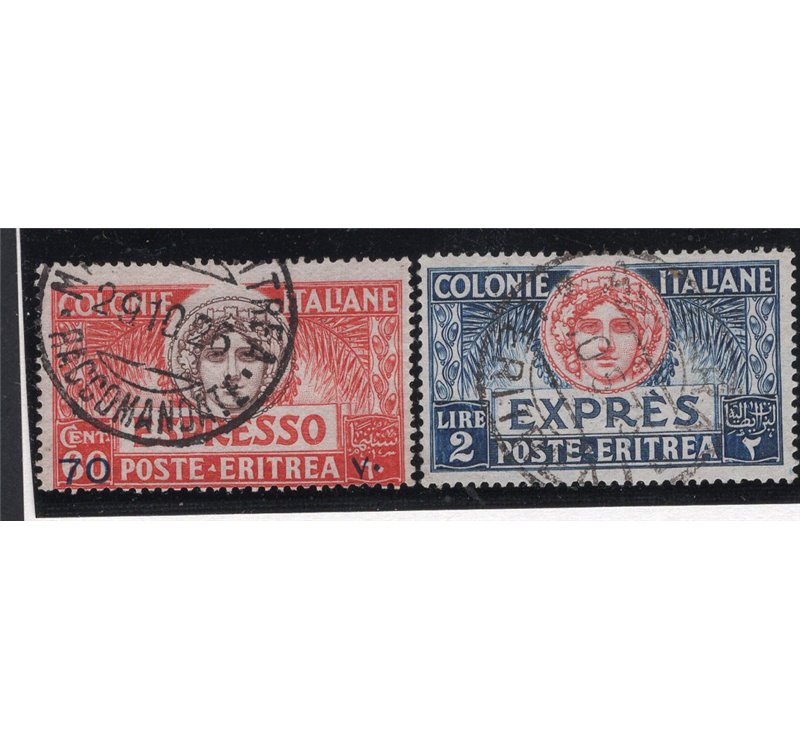 Eritrea 1907/21 Espressi soprast. serie n° 1/3. Firm.: Raybaudi. Cat. € 450 (U)