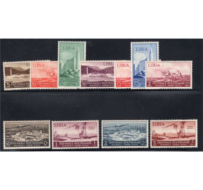 Libia 1938 XIII Fiera di Tripoli serie n° 158/62 + P.A. 38/40. Cat. € 45 (**)