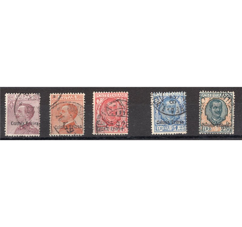 Eritrea 1928/29 Soprast. serie n° 123/27. Cert.: Biondi. Cat. € 650 (U)